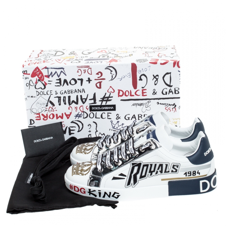 مملوكة مسبقًا Dolce and Gabbana White/Blue Leather Portofino Royal 10 Sneakers Size 42.5