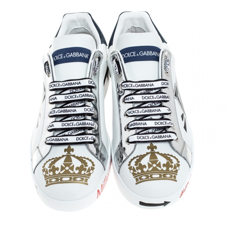 Pre Owned Dolce and Gabbana White/Blue Leather Portofino Royal 10 Sneakers Size 44