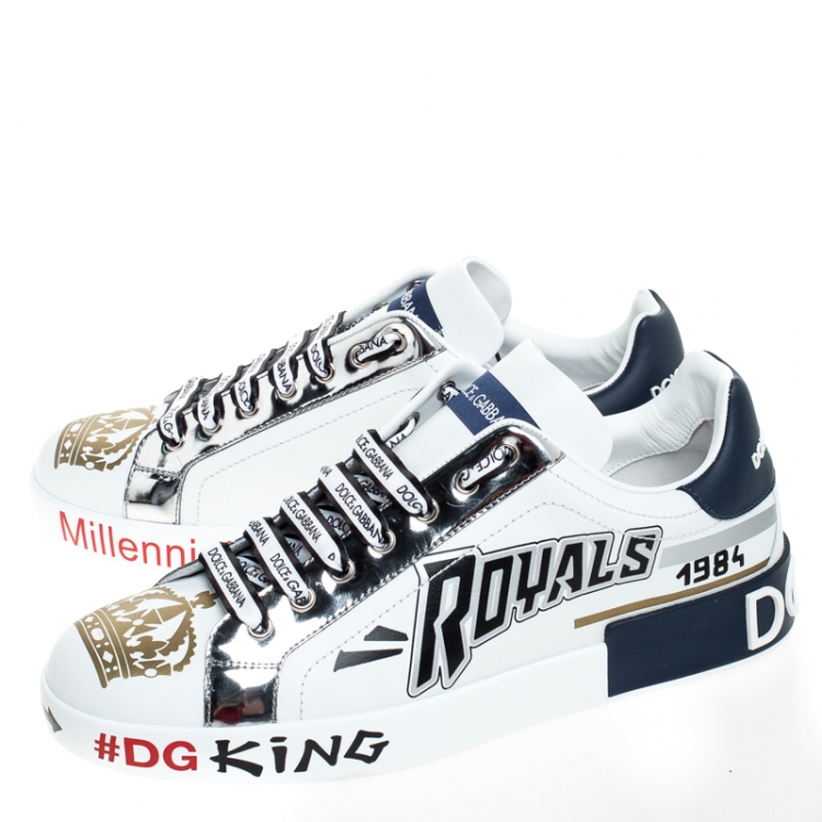 Pre Owned Dolce and Gabbana White/Blue Leather Portofino Royal 10 Sneakers Size 44
