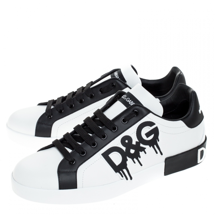 Pre Owned Dolce and Gabbana Black/White Leather Logo Detail Low Top Sneakers Size 46