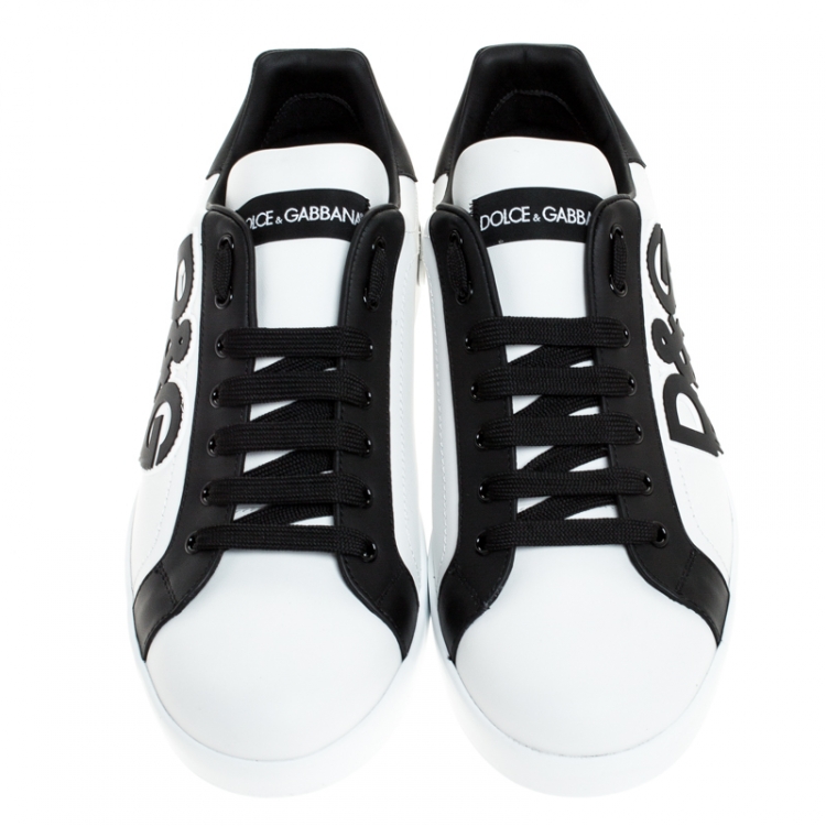 Pre Owned Dolce and Gabbana Black/White Leather Logo Detail Low Top Sneakers Size 40
