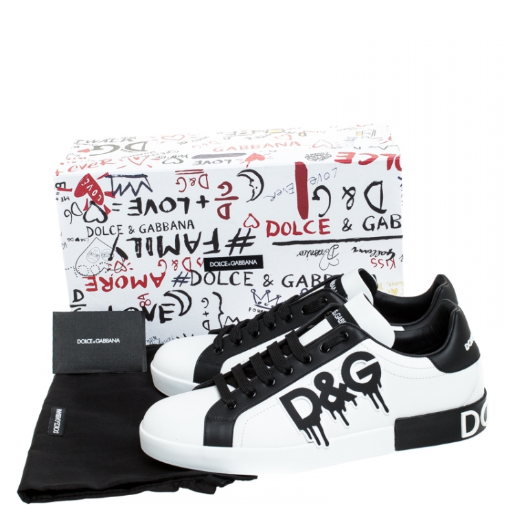 Pre Owned Dolce and Gabbana Black/White Leather Logo Detail Low Top Sneakers Size 42