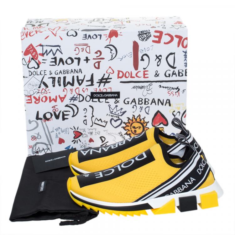 Pre Owned Dolce & Gabbana Yellow Stretch Jersey Logo Print Slip On Sneakers Size 43.5