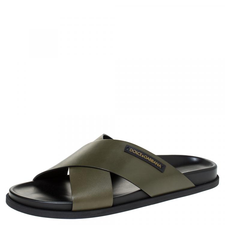 Pre Owned Dolce & Gabbana Green Leather Criss-Cross Slide Sandals Size 42