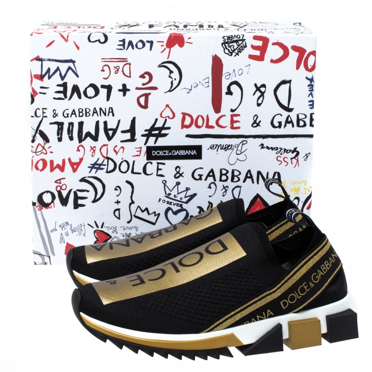 Pre Owned Dolce & Gabbana Black/Gold Stretch Fabric Jersey Sorrento Logo Print Slip On Sneakers Size 41.5