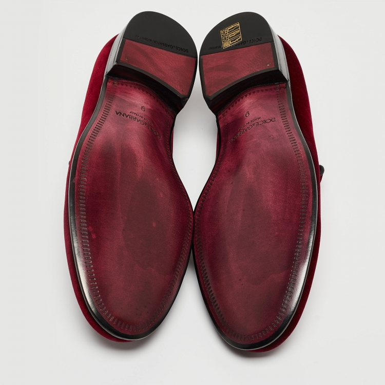 Pre Owned Dolce & Gabbana Red Velvet Embraided Accent Loafers Size 43