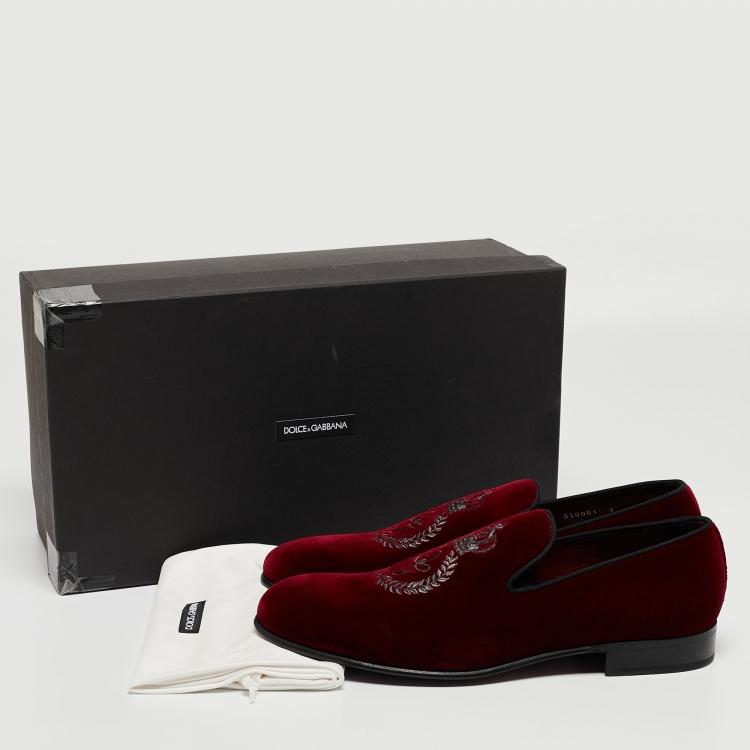 Pre Owned Dolce & Gabbana Red Velvet Embraided Accent Loafers Size 43