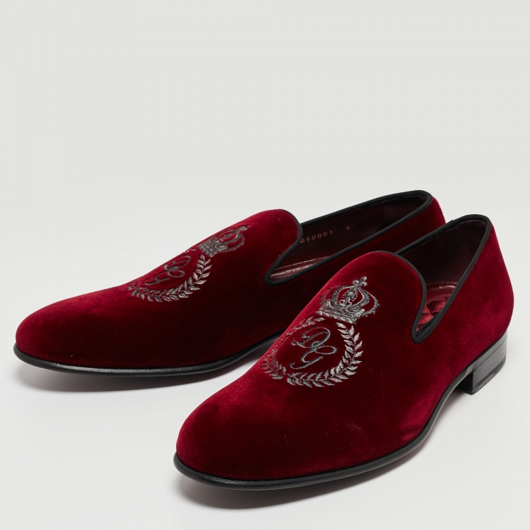 Pre Owned Dolce & Gabbana Red Velvet Embraided Accent Loafers Size 43