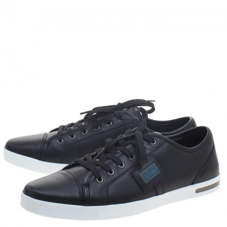 Pre Owned Dolce and Gabbana Black Leather Logo Plaque Low Top Sneakers Size 43.5
