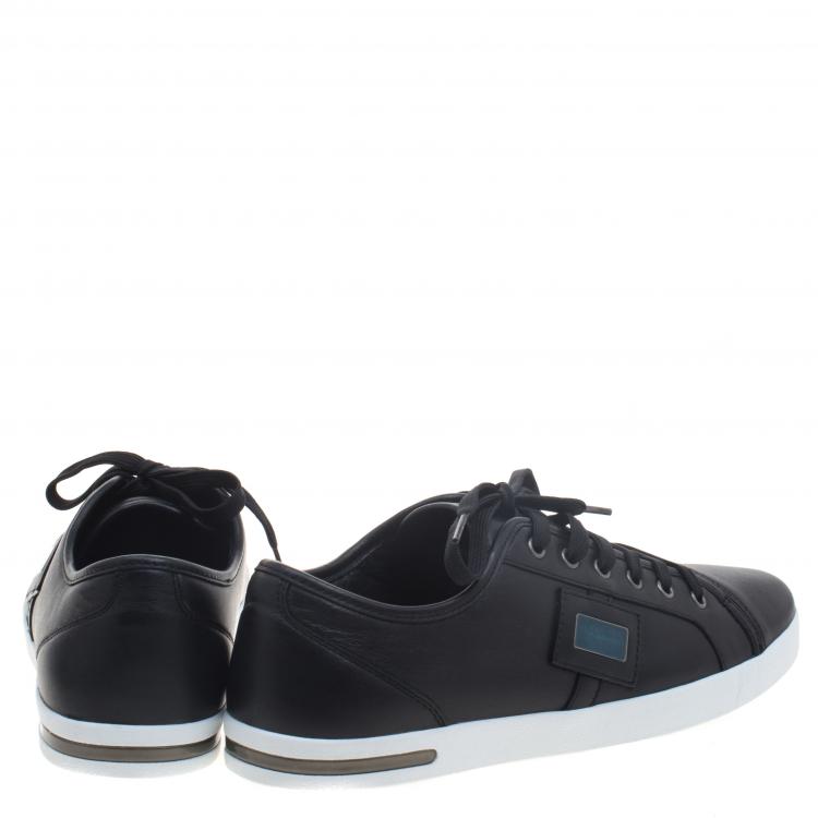 Pre Owned Dolce and Gabbana Black Leather Logo Plaque Low Top Sneakers Size 43.5