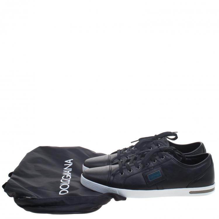 Pre Owned Dolce and Gabbana Black Leather Logo Plaque Low Top Sneakers Size 43.5