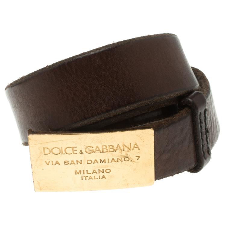 Pre Owned Dolce and Gabbana Dark Brown Leather Plaque Buckle Belt 90 CM