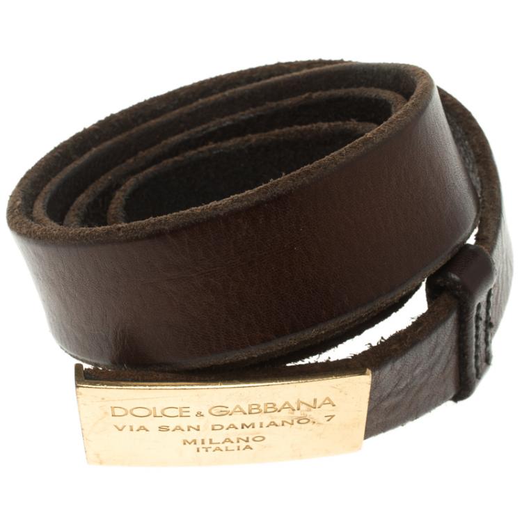 Pre Owned Dolce and Gabbana Dark Brown Leather Plaque Buckle Belt 90 CM