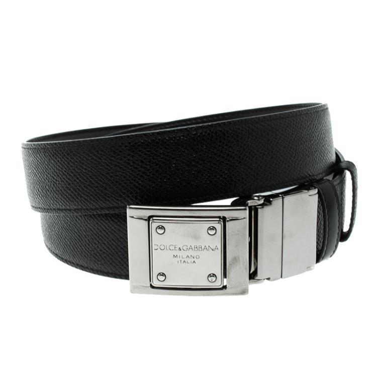 Pre Owned Dolce and Gabbana Black Textured Leather Logo Plaque Belt 90cm