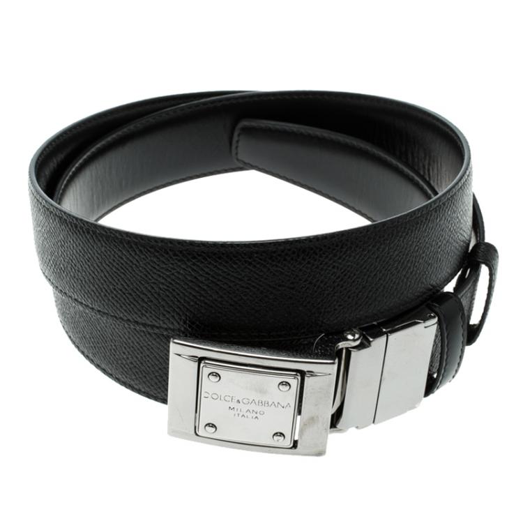 Pre Owned Dolce and Gabbana Black Textured Leather Logo Plaque Belt 90cm