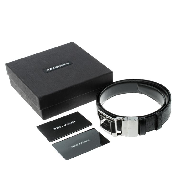 Pre Owned Dolce and Gabbana Black Textured Leather Logo Plaque Belt 90cm