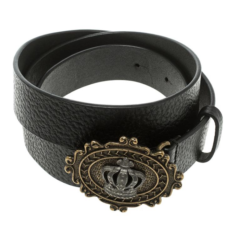 Pre Owned Dolce and Gabbana Black Leather Crown Buckle Belt 85 CM