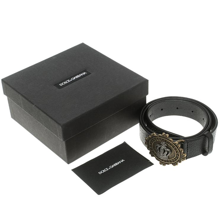 Pre Owned Dolce and Gabbana Black Leather Crown Buckle Belt 85 CM
