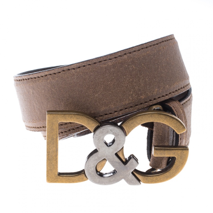 Pre Owned Dolce and Gabbana Brown Leather D&G Buckle Belt 95cm 