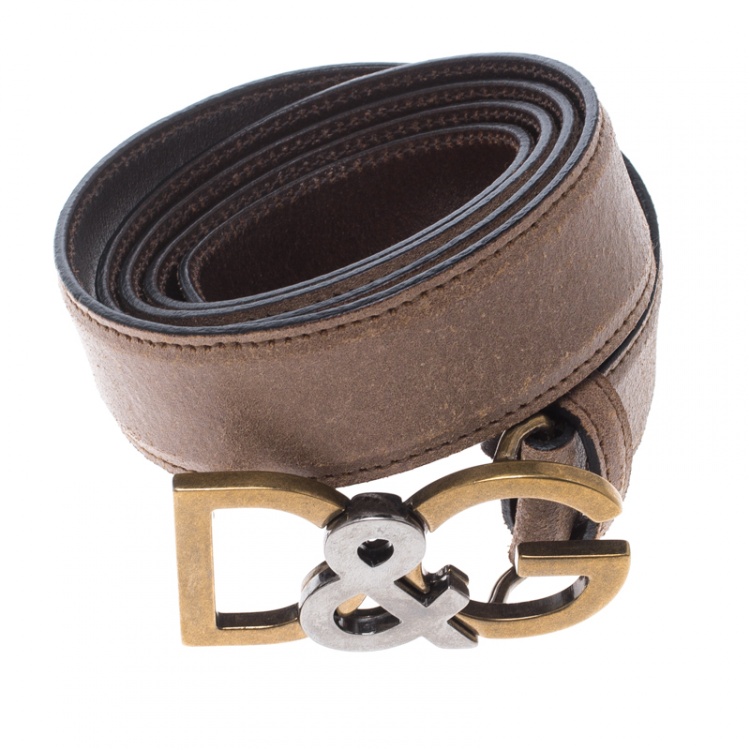 Pre Owned Dolce and Gabbana Brown Leather D&G Buckle Belt 95cm 