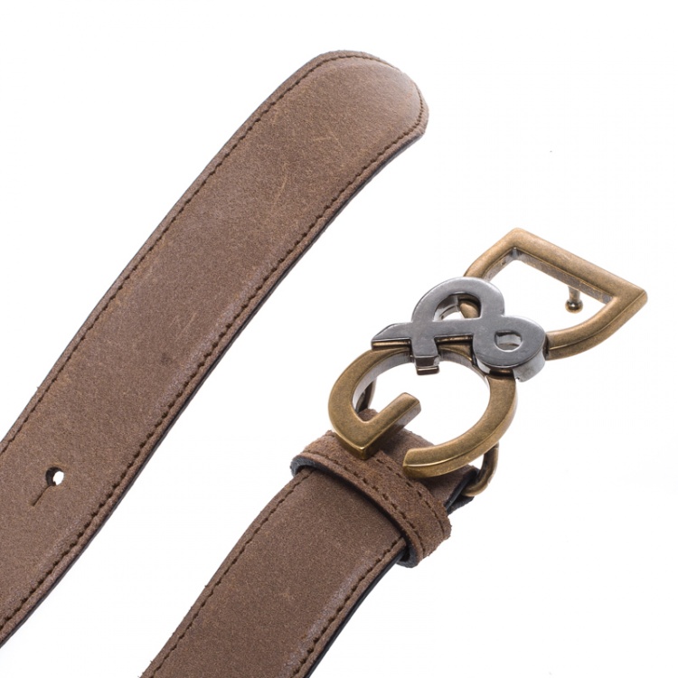 Pre Owned Dolce and Gabbana Brown Leather D&G Buckle Belt 95cm 