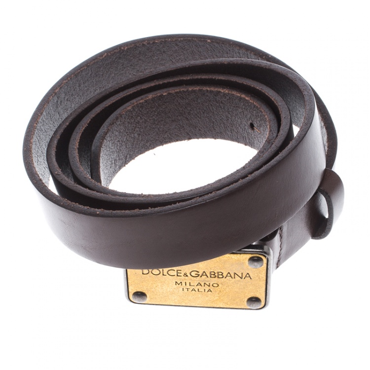 Pre Owned Dolce and Gabbana Brown Leather Logo Plaque Belt 100cm