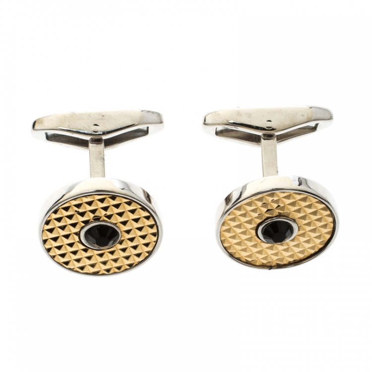 Pre Owned Dolce and Gabbana Crystal Textured Two Tone Metal Round Cufflinks 