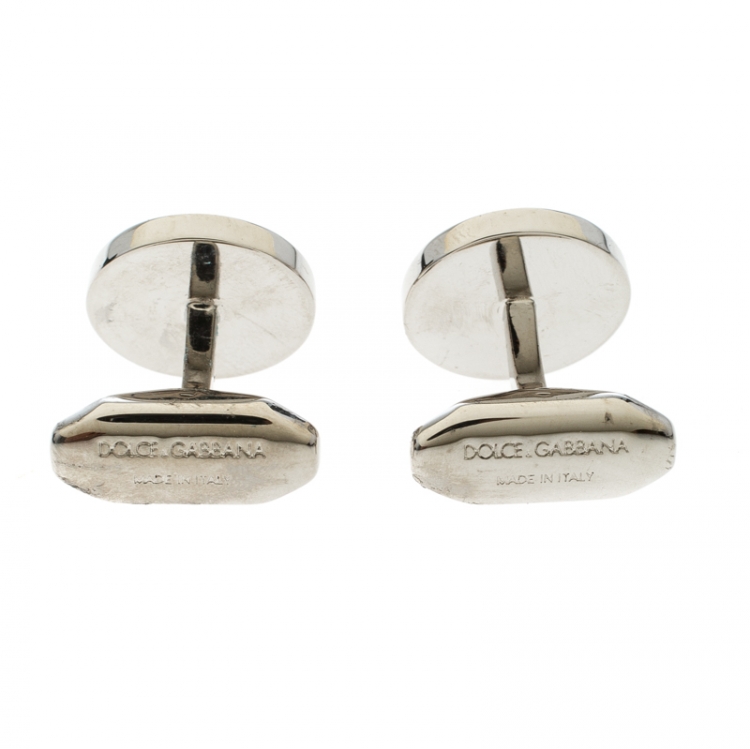 Pre Owned Dolce and Gabbana Crystal Textured Two Tone Metal Round Cufflinks 