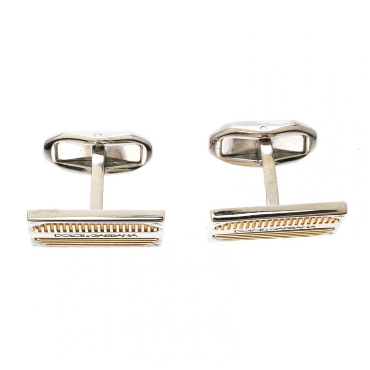 Pre Owned Dolce and Gabbana Textured Two Tone Metal Rectangular Cufflinks 
