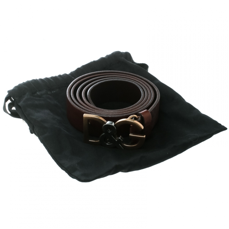 Pre Owned Dolce and Gabbana Brown Leather D&G Buckle Belt 110 CM