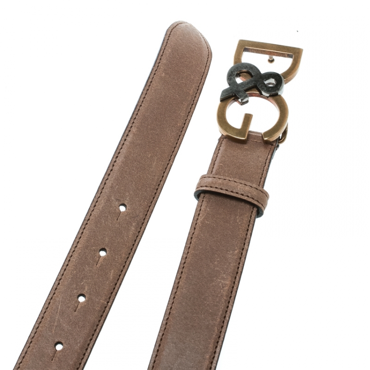 Pre Owned Dolce and Gabbana Light Brown Leather D&G Buckle Belt 100 CM
