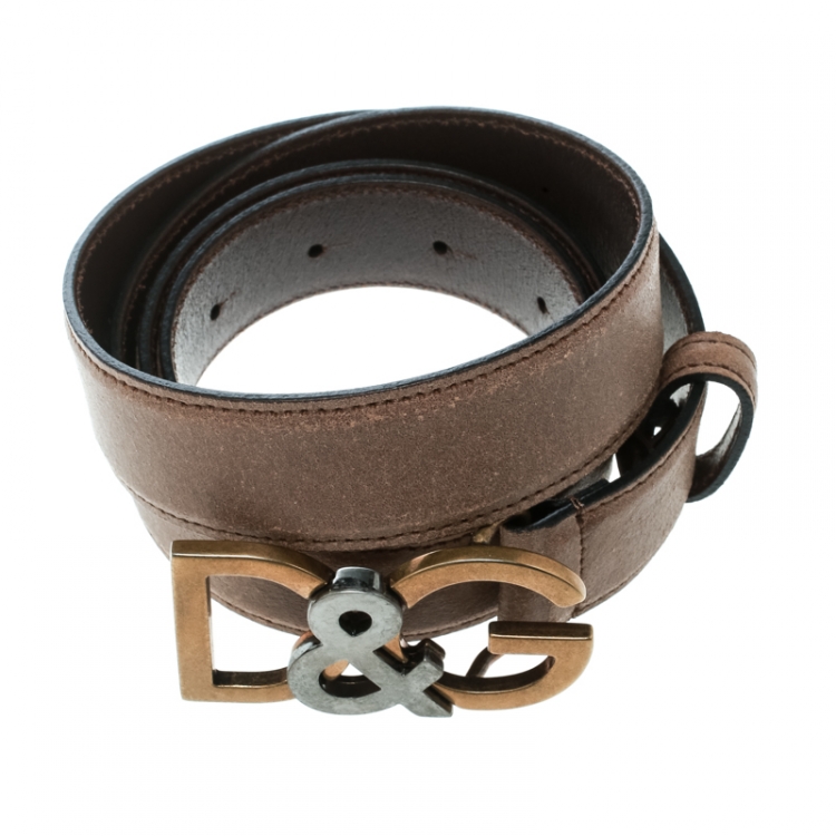 Pre Owned Dolce and Gabbana Light Brown Leather D&G Buckle Belt 100 CM