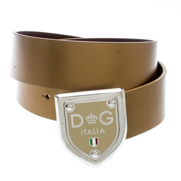 Pre Owned Dolce and Gabbana Gold Leather Buckle Belt 100 CM