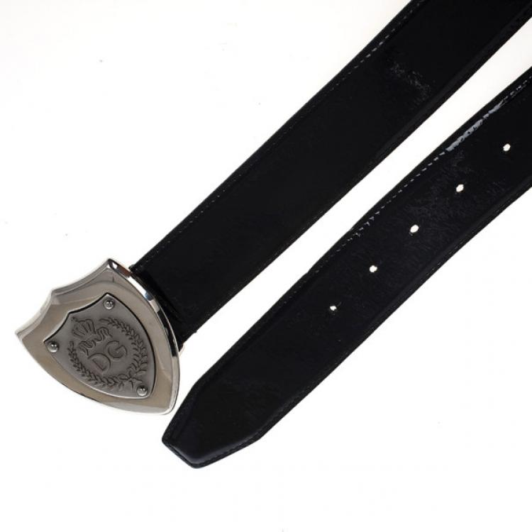 Pre Owned Dolce and Gabbana Black Patent Shield Buckle Belt 95 CM
