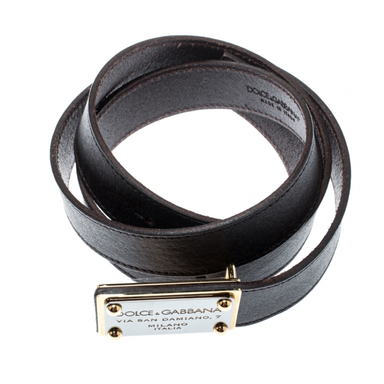 Pre Owned Dolce and Gabbana Dark Brown Leather Logo Buckle Belt 105 CM