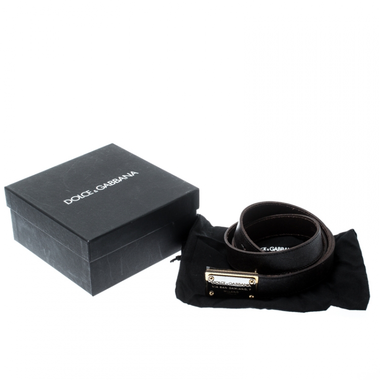 Pre Owned Dolce and Gabbana Dark Brown Leather Logo Buckle Belt 105 CM