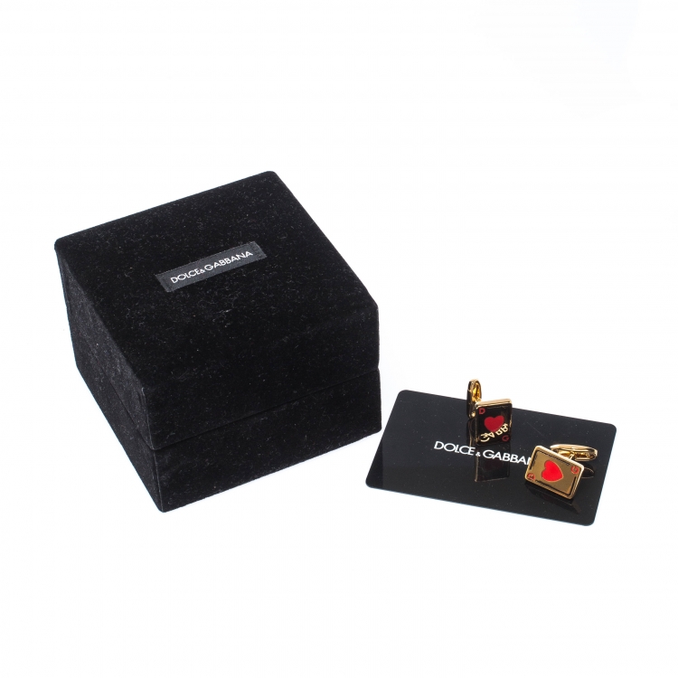 Pre Owned Dolce and Gabbana Hearts Card Motif Gold Tone Cufflinks