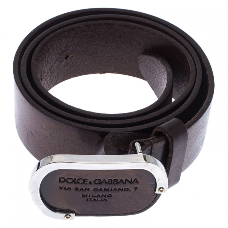 Pre Owned Dolce & Gabanna Metallic Brown Leather Oval Logo Buckle Belt 90CM