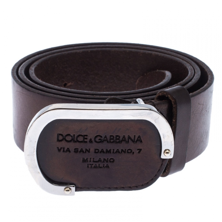 Pre Owned Dolce & Gabanna Metallic Brown Leather Oval Logo Buckle Belt 90CM