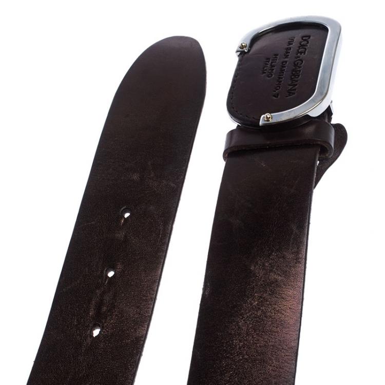 Pre Owned Dolce & Gabanna Metallic Brown Leather Oval Logo Buckle Belt 90CM