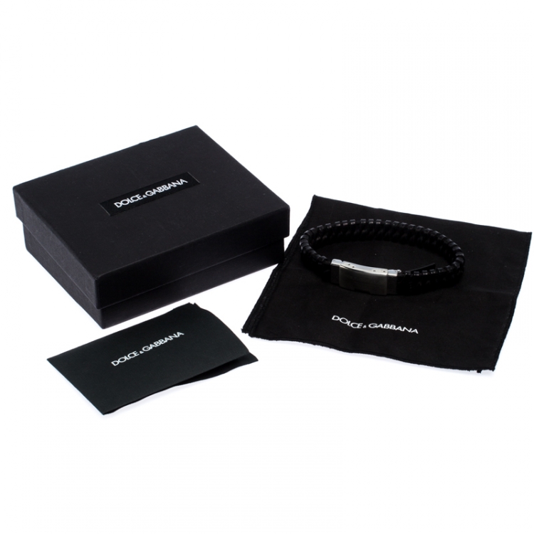 Pre Owned Dolce & Gabbana Black Woven Leather Plaque Bracelet L