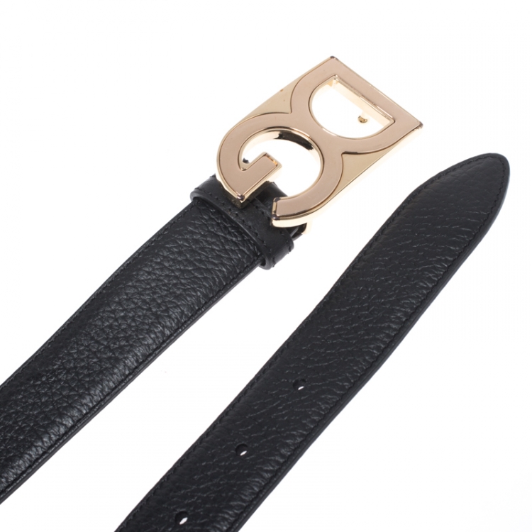 Pre Owned Dolce and Gabbana Black Leather Logo Buckle Belt Size 100CM