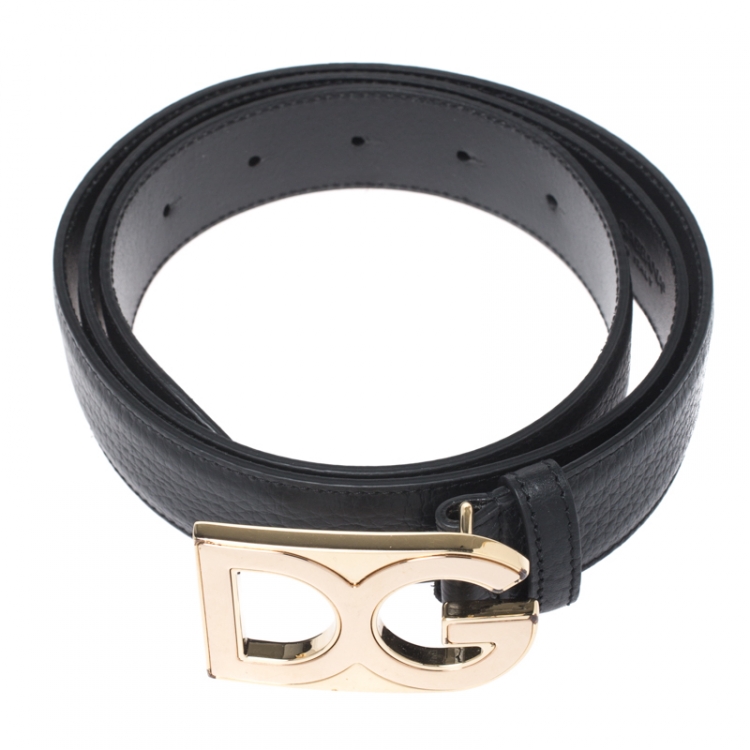 Pre Owned Dolce and Gabbana Black Leather Logo Buckle Belt Size 100CM