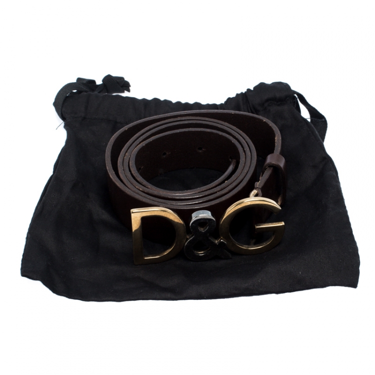 Pre Owned Dolce & Gabbana Brown Leather Logo Belt Size 100CM