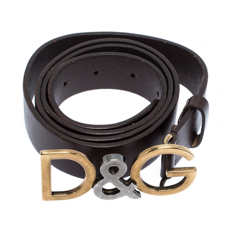 Pre Owned Dolce & Gabbana Brown Leather Logo Belt Size 100CM