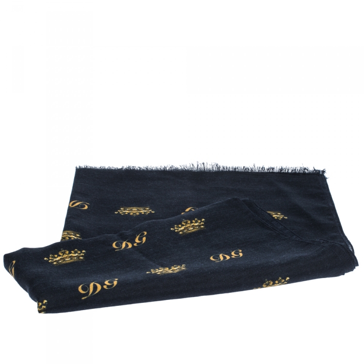 Pre Owned Dolce & Gabbana Navy Blue Crown Print Silk & Wool Scarf