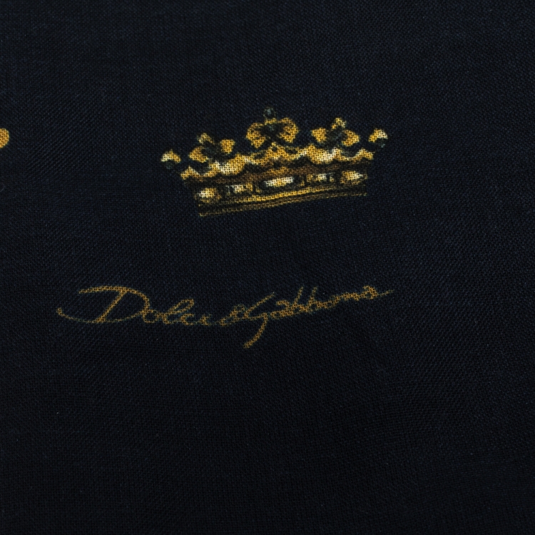 Pre Owned Dolce & Gabbana Navy Blue Crown Print Silk & Wool Scarf