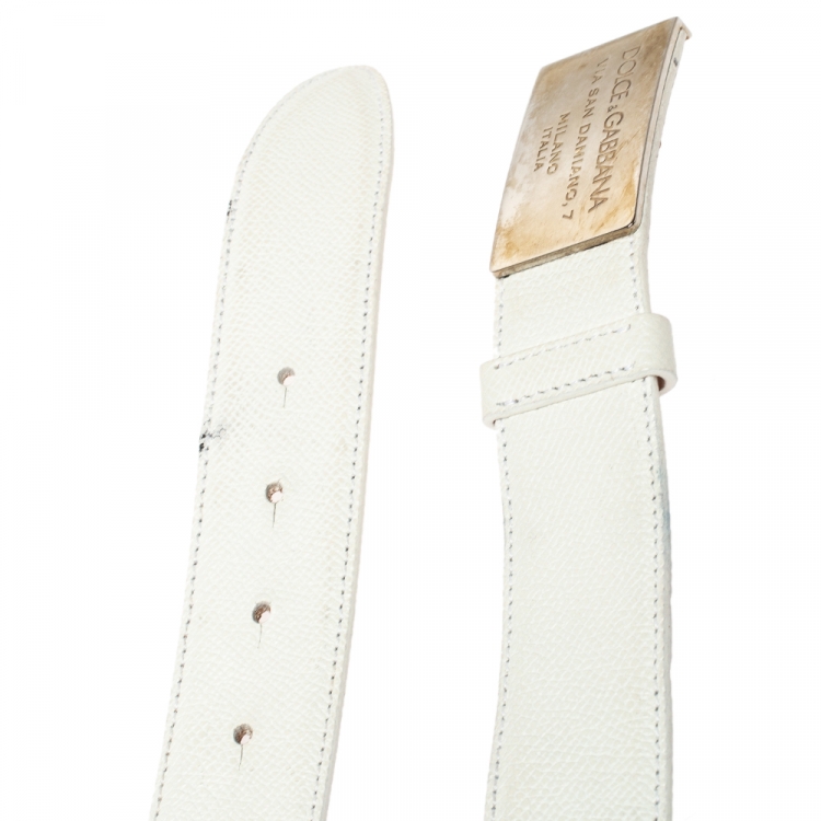 Pre Owned Dolce & Gabbana White Grained Leather Logo Plaque Belt 100CM