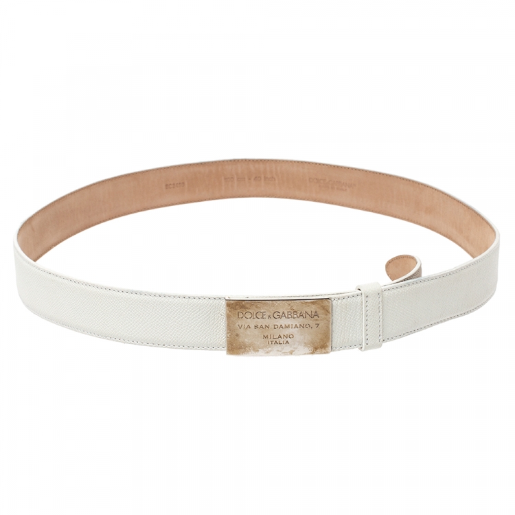 Pre Owned Dolce & Gabbana White Grained Leather Logo Plaque Belt 100CM