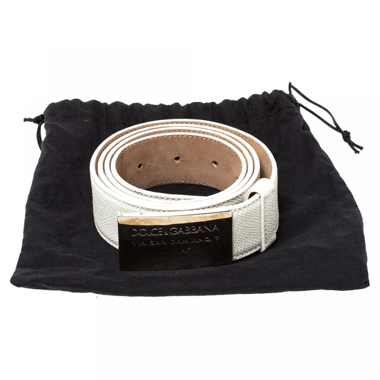 Pre Owned Dolce & Gabbana White Grained Leather Logo Plaque Belt 100CM